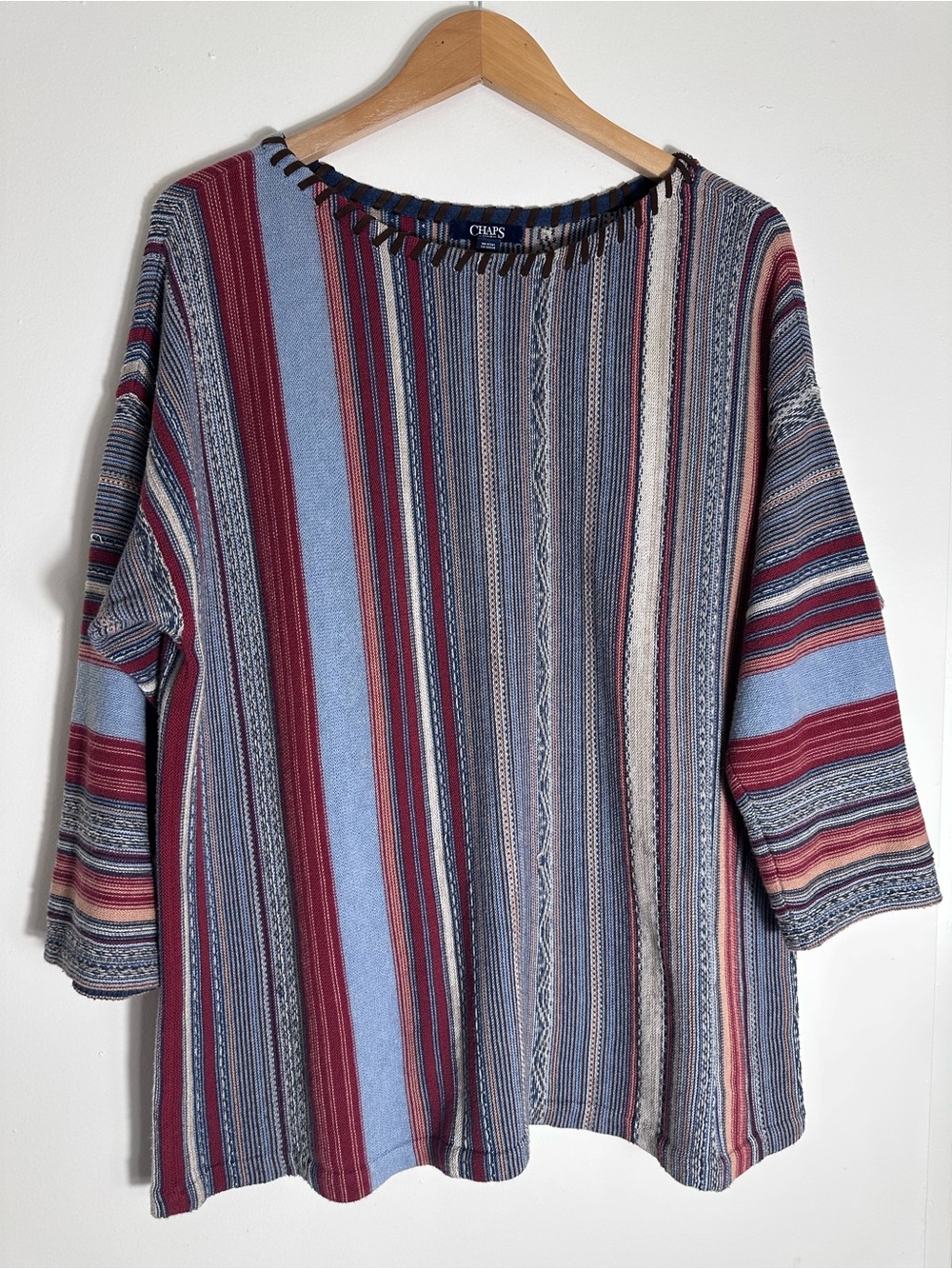 Boho Southwestern Striped Knit Top in Blue, Burgundy & Cream Scoop Neck